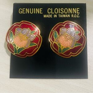Cloisonne Floral Earrings with Red and Gold Accents